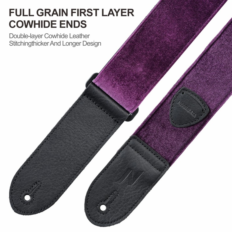 Nefelibata Guitar Strap, Double Full Grain Leather, Vintage Velvet Strap/FREE