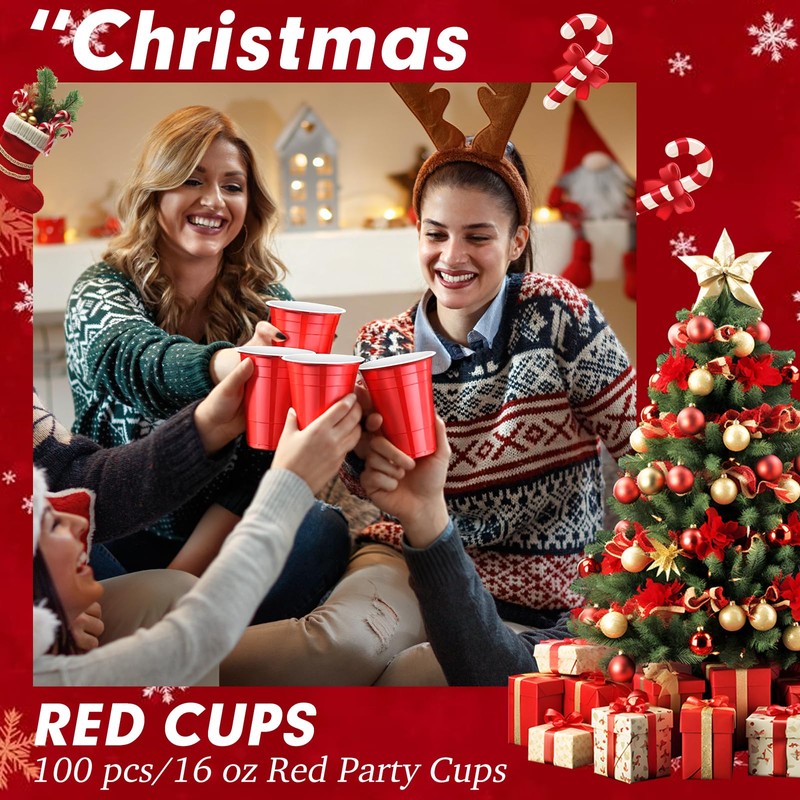 Dualshine 100 Pack Red Plastic Cups 16 oz, Disposable Cups