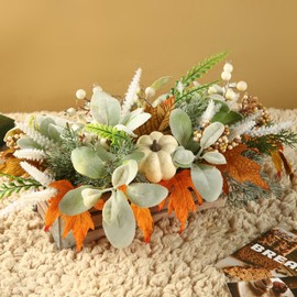 CIR OASES Thanksgiving Potted, Eucalyptus Berries Pumpkins Lamb Ears Leaves Autumn Pots for Centerpiece Table Decor, Fall Decor, Home Coffee Table Dining Room Office Kitchen (D)