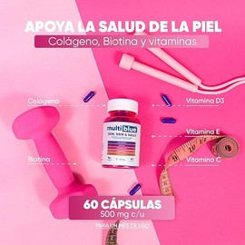 Colageno + Biotina 60 Capsulas | Formulado con Vitamina D3, Vitamina E y Vitamina C | Vitaminas para Mujer 100% Natural, Sin Gluten, Sin OMG | 2 caps diarias (1 mes) | Multivitaminico Mujer MULTIBLUE