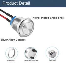 2pcs 22mm Super Short Metal Momentary Push Button Switch Waterproof Anti-Vandal Flat Head Silver Shell 7/8" Mounting Hole with Pre-soldered Cable 12V 24V 110V (ON)-Off 2Pins 1NO