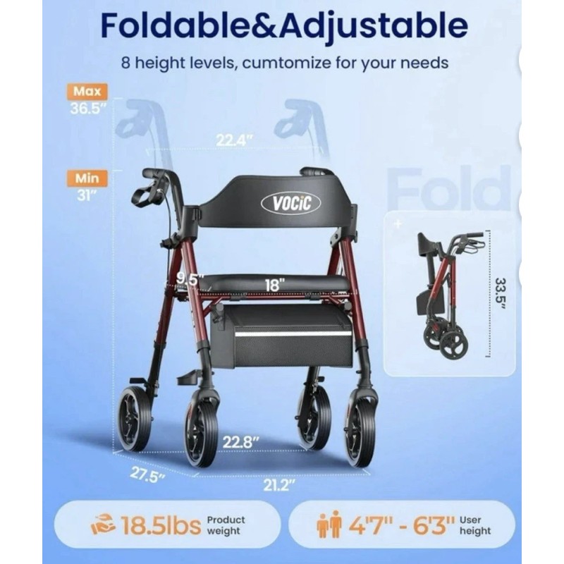 VOCIC Foldable Rollator Walker Seniors Padded Seat Backrest 8" Wheel