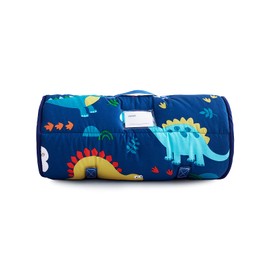 Wake In Cloud - Nap Mat with Removable Pillow for Kids Toddler Boys Girls Daycare Preschool Kindergarten Sleeping Bag, Dinosaurs Printed on Navy Blue, 100% Cotton with Microfiber Fill