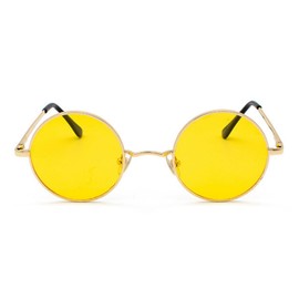 qinqilanqi-S Vintage Runde Sonnenbrille für Damen und Herren, polarisierte Sonnenbrille mit Metallrahmen，Hippie ，UV400 (Gold/Gelb)