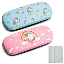 Nezyo Pack of 2 Honey Bee Unicorn Glasses Case Girls Sunglasses Case with 2 Cleaning Cloths (Honey Bee), Blue, pink