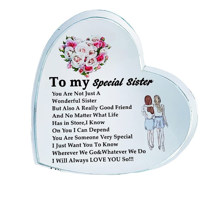 Crystal Glass Gifts for Sister, Heart-Shaped Plaque Keepsake,Christmas Birthday Gifts
