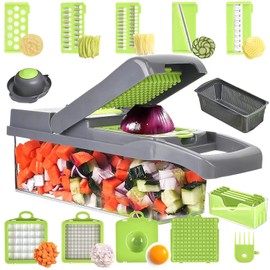 Vegetable Chopper, Multi-functional Onion Chopper, Veggie Chopper with 6 Stainless Steel Blades, 12 in 1 Vegetable Slicer with Container, Mandoline Slicer, Ideal for Fruits/Vegetables/Salads (Grey)