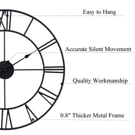 TSUENTIME 30 Inch Wall Clock Decorative, Oversized Large Black Metal Roman Numeral Silent Wall Clocks for Modern Farmhouse Living Room Decor