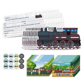 POMNUG 12 x Train Invitation Cards Children's Birthday Retro Train Invitation Cards 12 Pieces Envelopes and 12 Stickers for Boys Girls Birthday Invitations Party Invitations