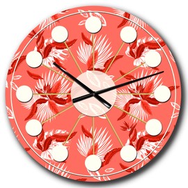 Designart Coral Flowers of Bird of Paradise Wall Art Design Mid-Century Modern Circle Wall Decorative Clock - Home Decorations for Home, Living Room, Bedroom, Office Decoration Round Metal Wall Clock