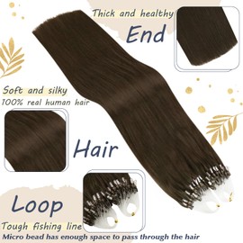 Ugeat Real Hair Extensions, Bonded Micro Ring Cold Fusion Extensions, Colour 2 Dark Brown, 55 cm, 1 g/Strand, 50 Strands