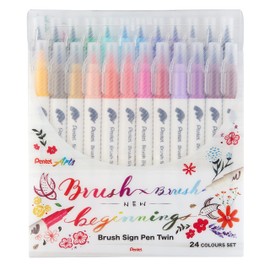 Pentel SESW30C-24 Brush Sign Pen Twin, 24-Colour Set, Fibre Tip Pens with Two Flexible Writing Tips, Water-based Ink, Assorted, 1 Piece (Pack of 24)