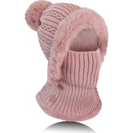 TAGVO Winter Warm Knitted Cap＆Neck Warmer Sets, Women Knit Balaclava Windproof Skimask, Flexible Beanie Hat with Hairball, Soft Thick Fleece Lined,Adjustable Face Mask for Outdoor Sports,Grey