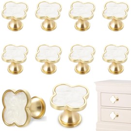 10 Pack Brass Four-Leaf Clover Knobs Handle, Gold Drawer Dresser Knobs and Pulls, Door Decorative Knobs Zinc Alloy Single Hole Handle for Furniture Kitchen Wardrobe Bathroom (White)