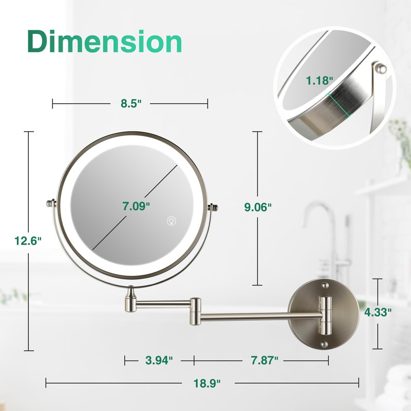 GREENFROM Rechargeable Wall Mounted Makeup Mirror Brushed Nickel, 8.5'' Magnifying