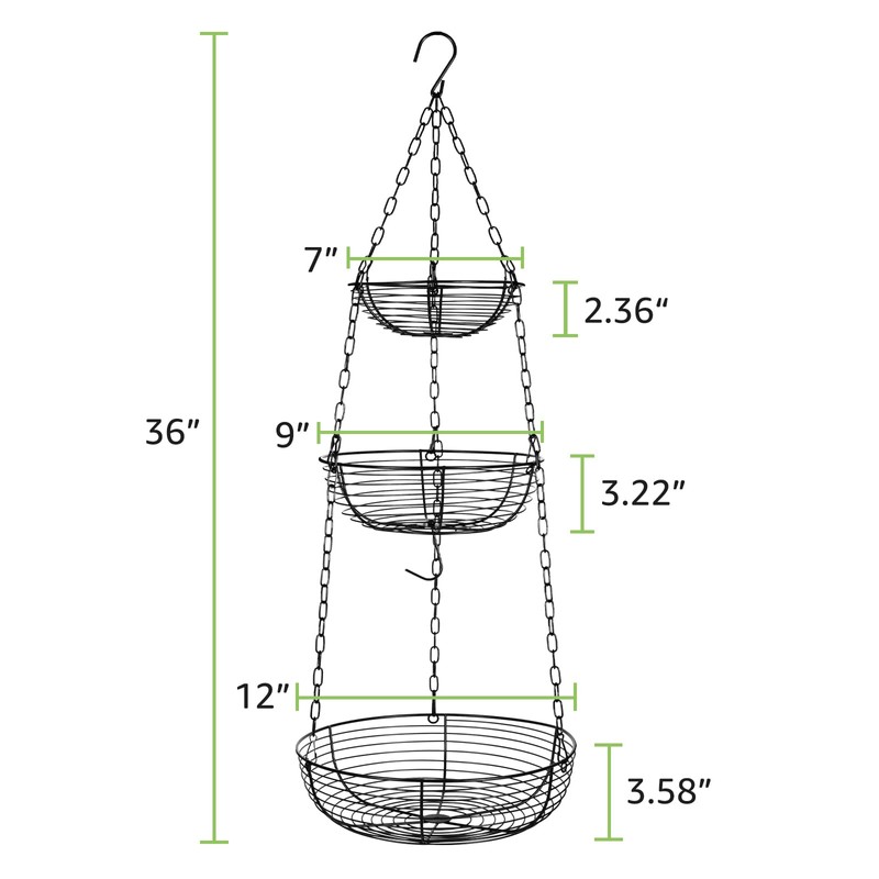 HULISEN 3 Tier Hanging Fruit Basket with Banana Hook, 36-Inch