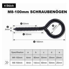MOGADEE® Pack of 4 Eye Bolts Stainless Steel Black, Screw Eyelets M8 100 mm, Eye Bolt, Hook for Screw Hooks, Eye Hooks, for Hammocks, Awnings, Hanging Chairs, Rocking Chairs, Fixed Cable, Hanging