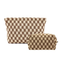 VDOOREE Checkered Makeup Bag for Women Plaid Cosmetic Bag Large Capacity Makeup Bags Aesthetic Handbags Purses Make Up Bag Travel Toiletry Bag Organizer (2pc brown)