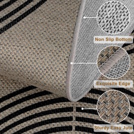 Rugalia Easy Jute Rainbow Runner Rug, 2x6 Washable Rugs Runner for Hallway Non-Slip Boho Farmhouse Kitchen Runner Rug, Black and Nature Abstract Outdoor Carpet for Porch Laundry Entryway