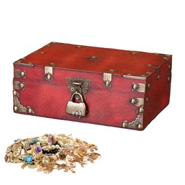 XPJBKC Vintage Wooden Treasure Chest, 24 x 17 x 9.5 cm, Wooden Storage Treasure Chest, Treasure Chest with Combination Lock, Wooden Chest Treasure Chest for Children's Birthday Wedding Decorating, Red