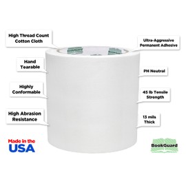 BookGuard 4 inch Premium Bookbinding Repair Cloth Tape, 15 Yard Roll, White