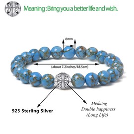 MetJakt Natural 8 mm Gemstones Healing Crystal Bracelet, Stretchy Beads Bangle with 925 Sterling Silver, Double Happiness Pendant