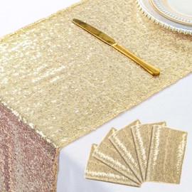 ShinyBeauty Light Gold Table Runners - 5 PCS Sequin Table Runner, 12 x 108 Inch for Wedding, Graduation, Party Supplies, Baby Shower