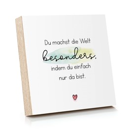 ARTFAVES® Wooden Picture with Saying “Du Machst die Welt besonders”, Decorative Gift for Friendship / Love / Family / Size: 14.8 x 14.8 cm