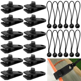 TOOINKCV 12 Pcs Tarp Clips, Heavy Duty Tent Tarpaulin Clips Set, Tarp Clips Clamps with Bungee Cords, Outdoor Grip Tent Clips Fastener Awning Clamps for Camping Tents Cover Caravan, with 12 Camping
