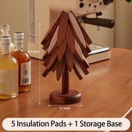 5PCS Wooden Trivets for Hot Dishes Decorative,Tree Shape Includes 5PCS Hot Plate Mats and 1 Stand Stored Wooden Tree Holder,Tree Trivets for Hot Pots and Pans