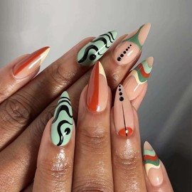 Almond Press on Nails Pointed Head Fake Nails Colore Graffiti Full Cover Acrylic Nails 24Pcs Medium Length Glue on Nails Funny Abstract Painting Design False Nails for Manicure Art