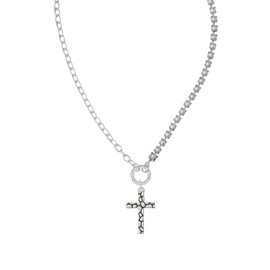 Delight Jewelry Silvertone Pebble Cross Stronger Braver Smarter Mixed Cable and Imitation Pearl Chain Choker Necklace, 14.75-17"