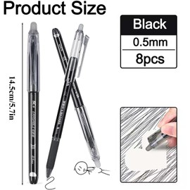 QttvbTna 8 Pcs Black Erasable Pens, Rub Out Pens with Eraser, Fine Point 0.5mm Retractable Pens, Erasable Gel Pens with Rubbers on the End for Kids, Adults, School & Office