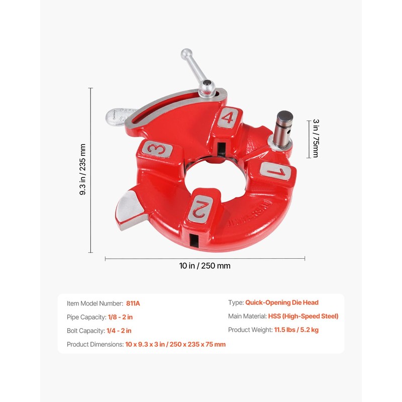 VEVOR Quick Opening Die Head, 1/8" to 2" Right-Handed Pipe