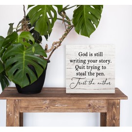SRADMO God Is Still Writing Your Story, Prayer Room Decor 8x8, Christian Bible Verse Decor Wooden Box Sign For Home Office, Inspirational Signs Shelf Table Decorations