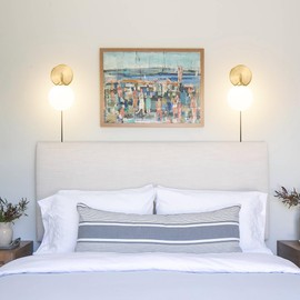 Gold Plug in Wall Sconce Set of 2, Wall Light Fixture with Plug in Cord On/Off Switch, Mid Century Art Deco Wall Lighting Fixture with Milky White Globe Glass Lampshade for Bedroom Living Room Hallway