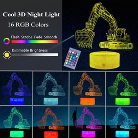 POSSHE Excavator 3D Illusion Lamp for Kids, Excavator Night Light, Construction Vehicle Gifts with RGB 16 Colors Changing, Remote Control, Dimmable, Kids Room Decoration, Xmas Gifts
