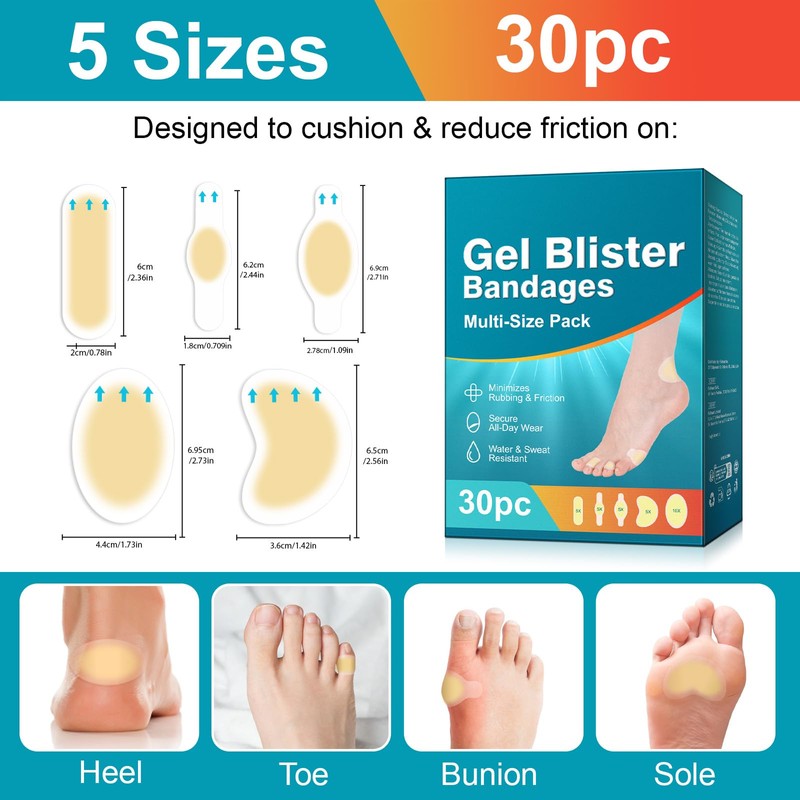 Blister Plasters for Feet - 30ct Mixed Size Hydrocolloid Gel