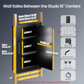 Grimtron Quick Access Wall Gun Safe with Removable Pegboard & Shelfs, Flat Hidden Wall Safes Between The Studs 16" Centers, Black Wall Mount Safe for Handgun, Clips, Valuables