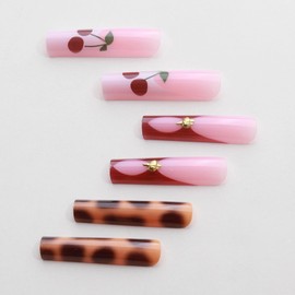 MISUD Press on Nails Extra Long Square Fake Nails Glossy Glue on Nails Cherry Acrylic Nail Supplies Squoval Artificial Nail Art White French Tip Stick on False Nails with Design DIY 24 pcs