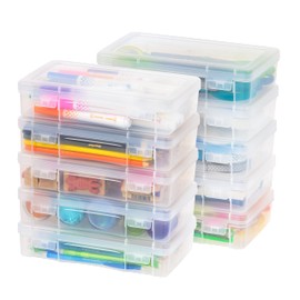 IRIS IRIS USA Plastic Pencil Case Box Craft Hobby Art School Supply Storage Organizer Container with Latching Lid, 10-Pack, for Bead Pens Ribbons Wahi Tape Sticker Yarn Ornaments, Stackable, Clear, Medium