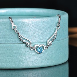 Yumilok 925 Sterling Silber Blau Zirkonia Herzen Engelsflügel Charm-Armband Armkette Verstellbar Armkettchen Armschmuck für Damen Mädchen