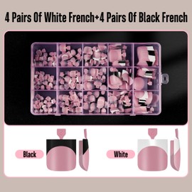Black and White Mix Color French Tip Toe Nail Tips Press on, Sharp Square Pre-Designed Soft Gel False Toenail Extension, Long/Medium Wide Fake Toenails, Full Cover Acrylic for DIY 15 Sizes 240 pcs
