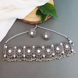 I Jewels Oxidised Silver Plated Afghani Choker Necklace Jewellery Set for Women 