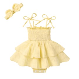 YOUNGER TREE Baby Girl Clothes Infant Summer Romper Dress Sleeveless Bodysuit Jumpsuit with Headband Toddler Outfits (Light Yellow, 3-6 Months)