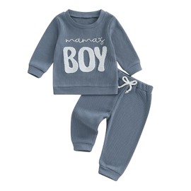Baby Boy Fall Clothes Set Long Sleeve Crewneck Sweatshirts Pants Infant Newborn Waffle Outfits 6 12 18 24 Months 2T (Mamas Boy Blue, 12-18 Months)