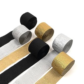 SSUMIHUA Crepe Paper Streamers 6 Rolls 492ft, Pack of 2 Gold, 2 Silver, 2 Black - Streamers Party Decorations Streamers (1.8 Inch x 82 Ft/Roll),for Wedding Decorations, Birthday Decorations…