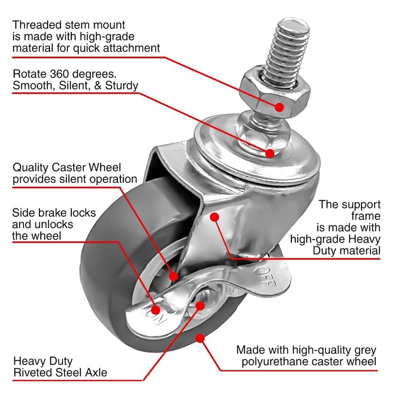 FactorDuty 2 Inch Grey Polyurethane Caster Wheels with Locking Brake,