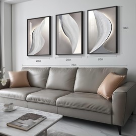 Framed Large Modern Abstract Wall Art for Living Room, Black and White, Grey Wall Decor, Bright Style 3 Piece Artwork for Walls, Canvas Paintings Pictures for Bathroom, Dining, Office, 20x30 Inch