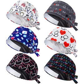 Maiteenly 6 Pcs Satin Lined Scrub Caps Women Dental Nursing Hats Working Cap with Button and Sweatband Tie Back Hats (Fresh Style)